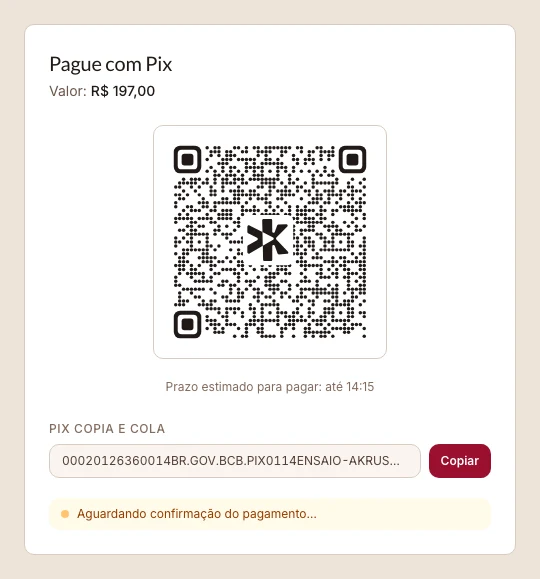 Pagamento Pix no checkout, com valor de exemplo.